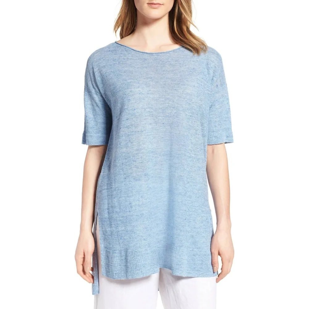 Eileen Fisher Bateau Neck Linen Knit Top Tunic Womens M Blue EUC Short Sleeve